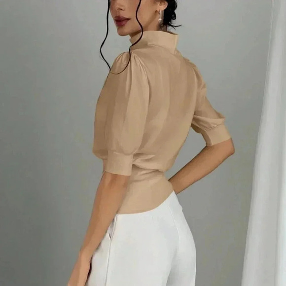 Apricot Women's Color Stand Collar Waist Cinched Bubble Sleeve Shirt - Picture 2 of 6